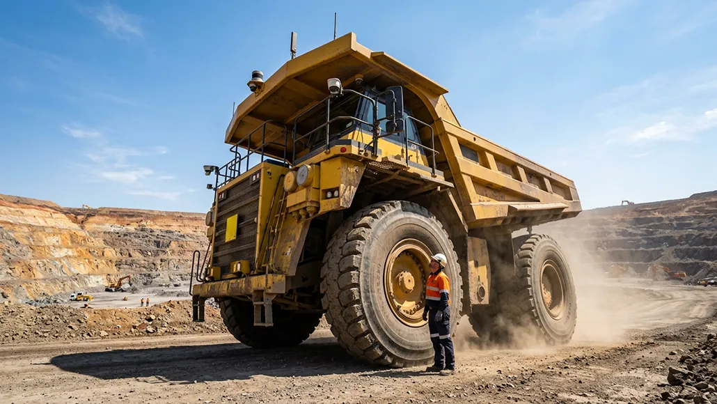 Huge yellow mining dump truck at a quarry, with a worker in a safety vest standing beside the front tire.