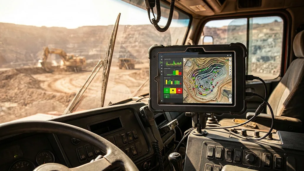 Rugged tablet mounted in a mining truck showing a contour map and analytics on the screen.