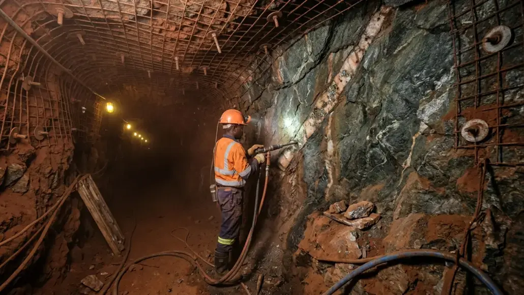 Mine worker in orange safety gear drilling into rock inside a dim tunnel with metal mesh overhead and lights in the distance.