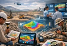 When Geological Knowledge Expands Resource Mapping Becomes More Accurate: Z-Library Team of engineers at a mining site analyzing geospatial data and 3D terrain visuals on screens