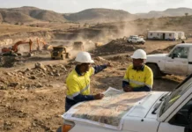 KEFI Signs Mining Services Contract of $400m With BCM Group Two construction workers in yellow safety gear and white helmets study a map laid out on a white pickup hood at a dusty quarry site.