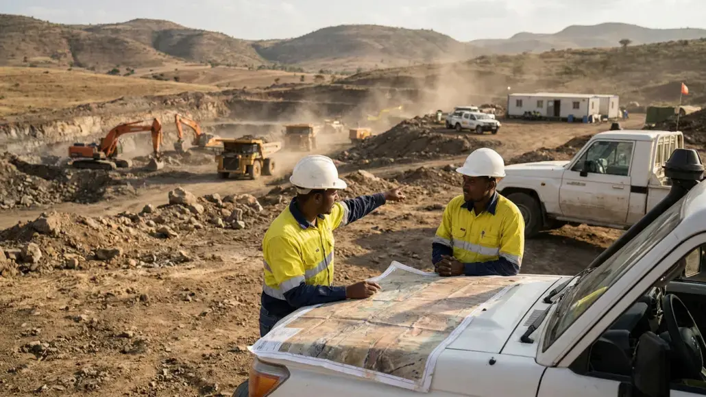 Two construction workers in yellow safety gear and white helmets study a map laid out on a white pickup hood at a dusty quarry site.