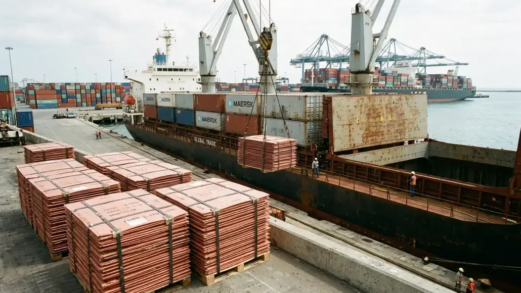 Container ship at a busy port with cranes lifting cargo; stacks of red pallets and Maersk containers on deck.