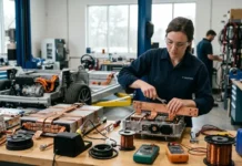 Future Copper Applications Powering Electrification Growth Female technician in a dark blue shirt tightens copper busbars on a power electronics module at a cluttered lab bench with tools and equipment nearby.