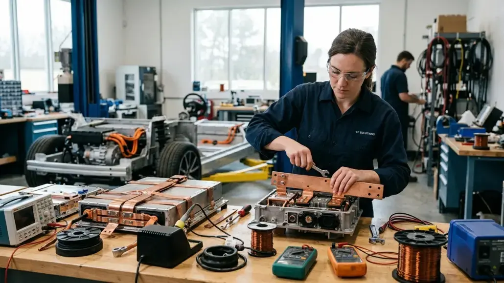Female technician in a dark blue shirt tightens copper busbars on a power electronics module at a cluttered lab bench with tools and equipment nearby.