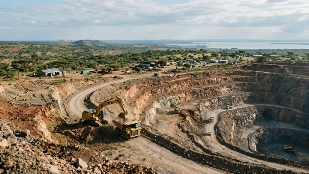 Open-pit quarry with a yellow excavator loading rocks into a dump truck, terraced walls and dusty roads in a rural landscape.
