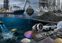 Japan Captures Deep Sea Medium and Heavy Rare Earth Elements Collage showing offshore oil platform and underwater mining gear with semiconductor chips, a car, and lab powders representing energy and tech manufacturing.