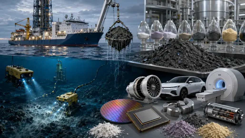 Collage showing offshore oil platform and underwater mining gear with semiconductor chips, a car, and lab powders representing energy and tech manufacturing.