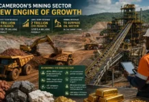 Mining Income Surpassing Dominant Oil Sector in Cameroon Open-pit mining site with large trucks and an excavator; a worker in orange safety gear uses a tablet beside a ‘Reforming the Gold Sector’ infographic and signage.