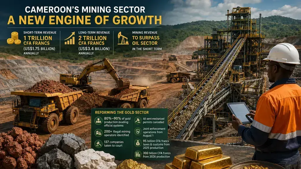 Open-pit mining site with large trucks and an excavator; a worker in orange safety gear uses a tablet beside a ‘Reforming the Gold Sector’ infographic and signage.