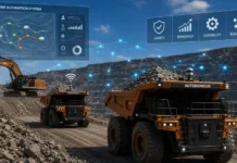 Collaboration to Speed-Up Open-Mine Automation Solutions Autonomous mining scene with a large dump truck labeled 'AUTONOMOUS' and a haulage excavator, connected by a digital network and HUD panels reading 'OPEN-MINE AUTOMATION SYSTEM' with icons for Safety, Efficiency, Flexibility, and Scalability.