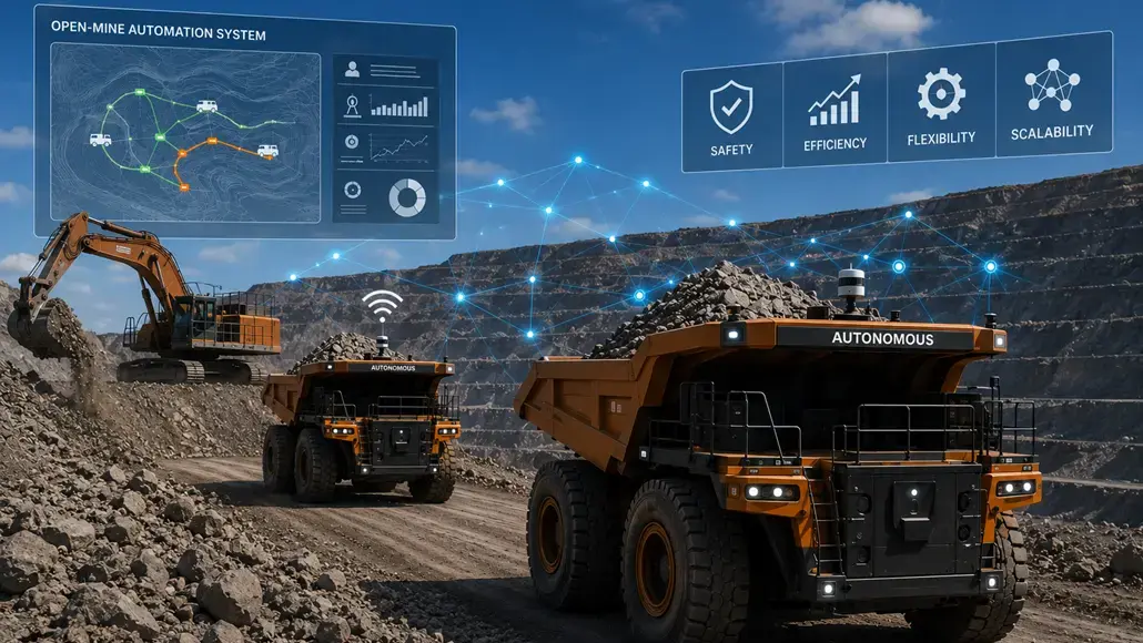 Autonomous mining scene with a large dump truck labeled 'AUTONOMOUS' and a haulage excavator, connected by a digital network and HUD panels reading 'OPEN-MINE AUTOMATION SYSTEM' with icons for Safety, Efficiency, Flexibility, and Scalability.