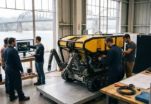Impossible Metals Plans Advanced Marine Robotics Hub Team of engineers testing a yellow tracked robot in a workshop by large windows overlooking a river.