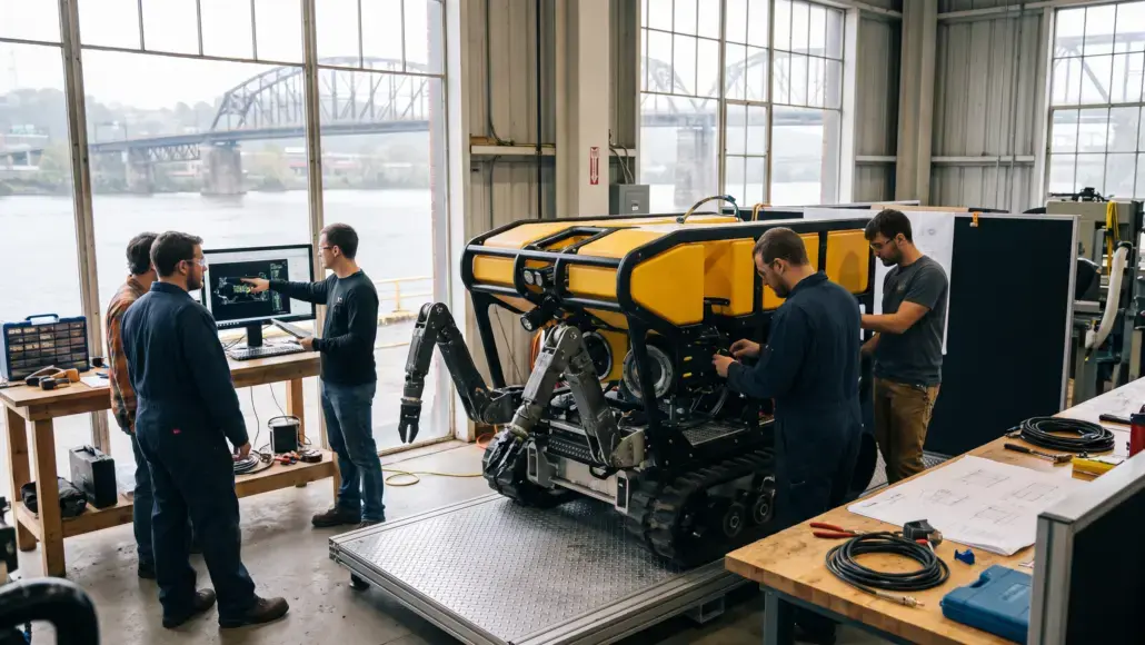 Team of engineers testing a yellow tracked robot in a workshop by large windows overlooking a river.