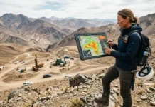 AI-Driven Copper Prospecting Technologies Boosting Outputs Geologist on a rocky slope using a tablet displaying a heat map at a mountainous mining site.