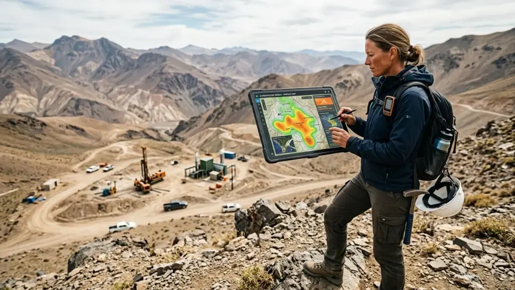 Geologist on a rocky slope using a tablet displaying a heat map at a mountainous mining site.