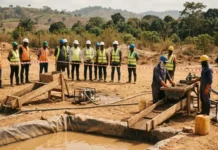 World Gold Council and Ghana Sign ASGM Partnership Group of construction workers in safety vests and hard hats observing a drilling operation at a muddy worksite.