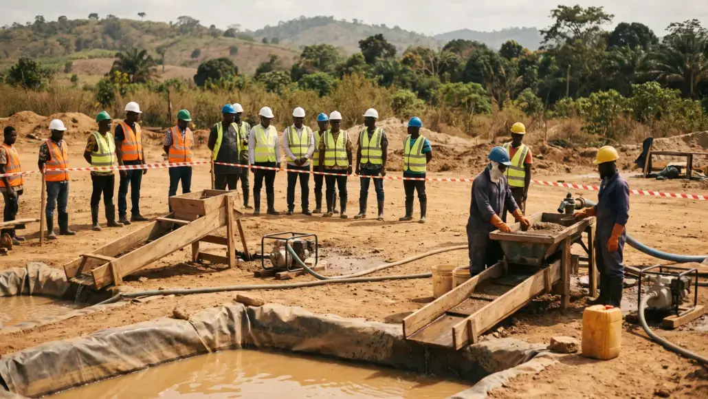 Group of construction workers in safety vests and hard hats observing a drilling operation at a muddy worksite.