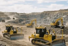Komatsu and AIM Intelligent Machines Form Autonomous Mining Equipment Partnership for Dozers and Excavators Open-pit mining site with multiple yellow heavy machines (bulldozers/excavators) moving earth and creating dust on terraced benches.