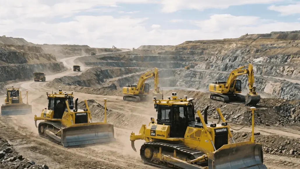 Open-pit mining site with multiple yellow heavy machines (bulldozers/excavators) moving earth and creating dust on terraced benches.