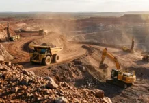 Hitachi Construction Machinery and Pronto Partner on Global Autonomous Mining Open-pit mining site with large dump trucks and an excavator moving earth.