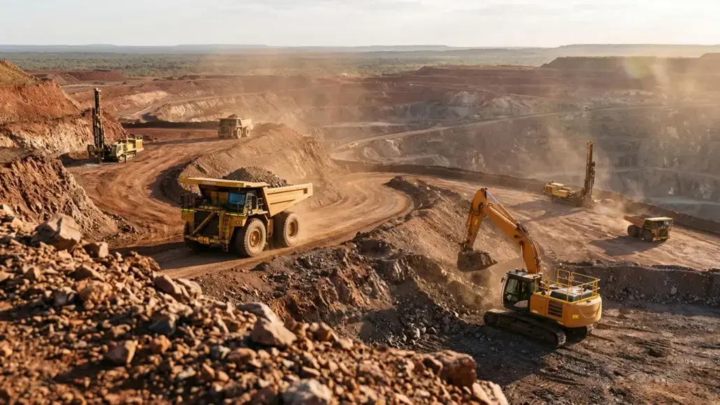 Open-pit mining site with large dump trucks and an excavator moving earth.