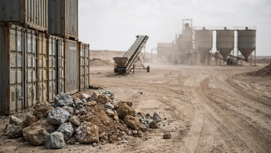 Industrial quarry site with stacked shipping containers on the left, a pile of rocks in the foreground, and a dusty road leading to distant silos and machinery.