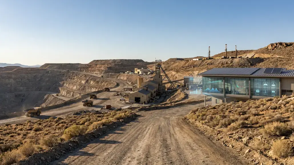 Open-pit mine with heavy machinery and a glass-fronted processing building along a dusty road, hillside in the background with clear sky.