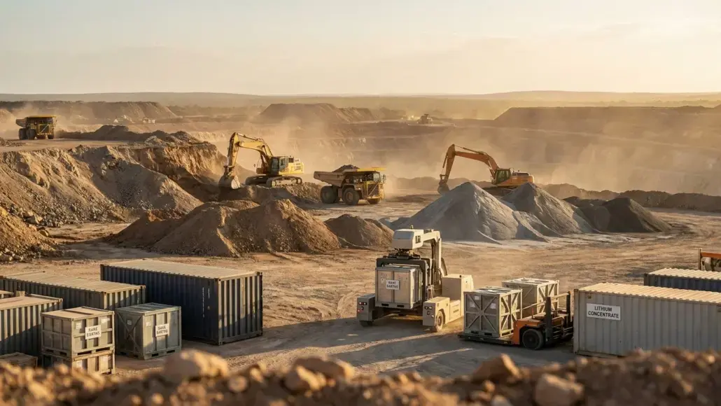 Open-pit mining site with excavators, dump trucks, and stacked shipping containers under a dusty sky.
