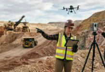 MOU Between DOL and DOE in U.S. to Drive Mining Advancement Worker in a high-visibility vest points while holding a tablet at a quarry as a drone flies overhead and a supervisor checks a tripod-mounted device nearby.