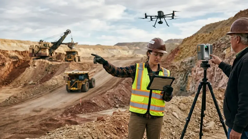Worker in a high-visibility vest points while holding a tablet at a quarry as a drone flies overhead and a supervisor checks a tripod-mounted device nearby.