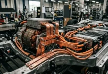 Future Copper Demand Trends for Electric Vehicle Market Electric vehicle powertrain on a test bench with copper wiring in a factory setting