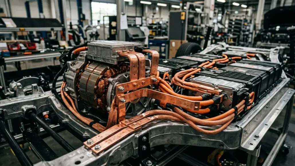 Electric vehicle powertrain on a test bench with copper wiring in a factory setting