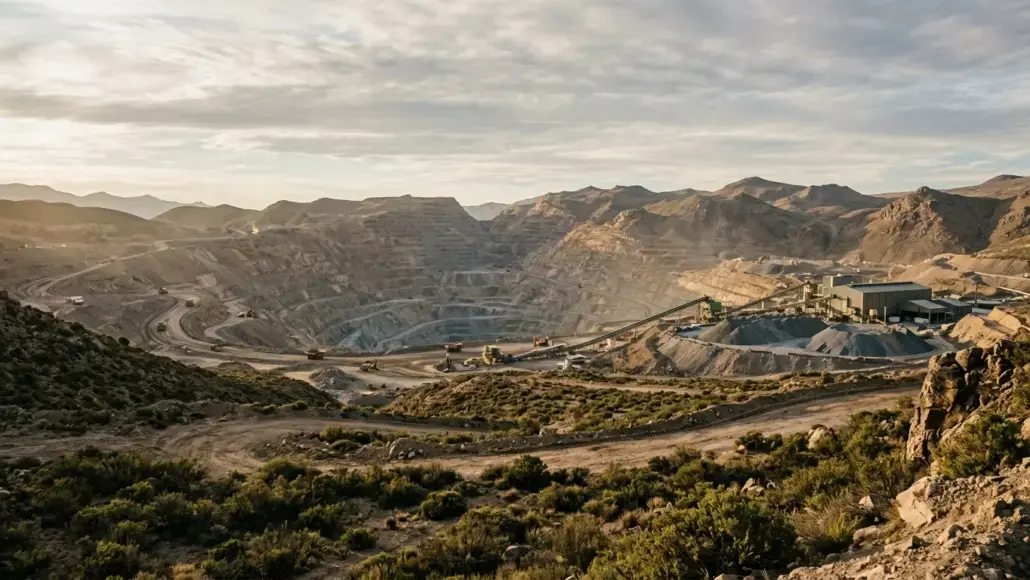 Open-pit quarry in a desert landscape with conveyor belts and heavy machinery at work beneath a cloudy sky