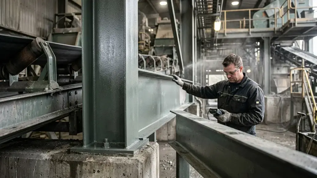 Industrial worker in a factory inspecting a large steel beam with a handheld device, gloves on, machinery in the background