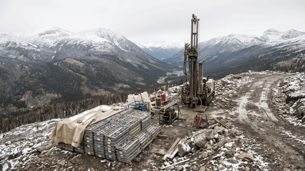 Drilling rig on a rocky, snow-dusted mountainside with stacked metal frames and equipment nearby.