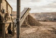Advancing Minerals Processing Through Connected Equipment Integration Industrial quarry scene with a large rock crusher and a conveyor belt amid piles of gravel.