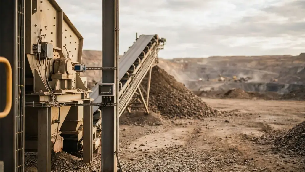 Industrial quarry scene with a large rock crusher and a conveyor belt amid piles of gravel.