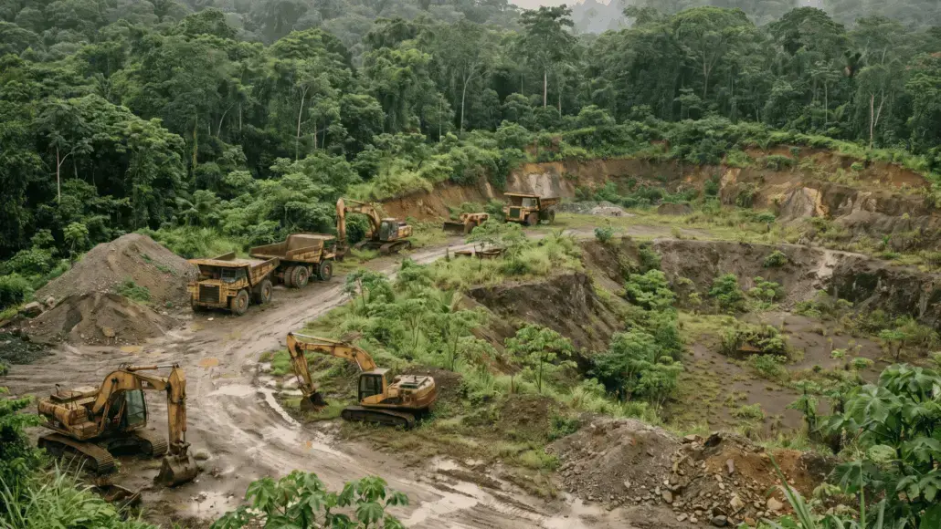 Construction site in a tropical forest with a line of excavators and dump trucks on a dirt road.