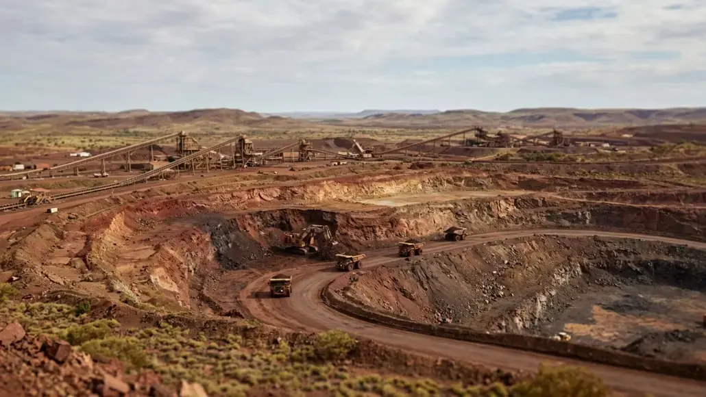 Open-pit mine with terraced benches and heavy trucks; conveyor belts visible in the background.