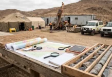 Eagle Mountain, Nittetsu Sign MOU for New Mineral Projects Map and planning tools on a wooden table at a desert drilling camp, with tents, rocks, and service vehicles in the background.