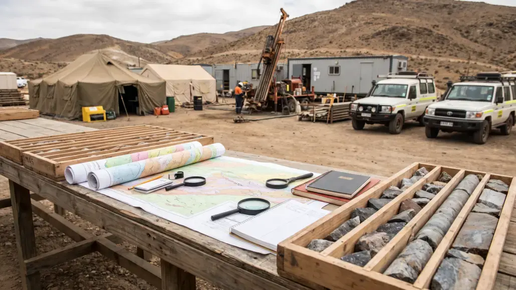 Map and planning tools on a wooden table at a desert drilling camp, with tents, rocks, and service vehicles in the background.