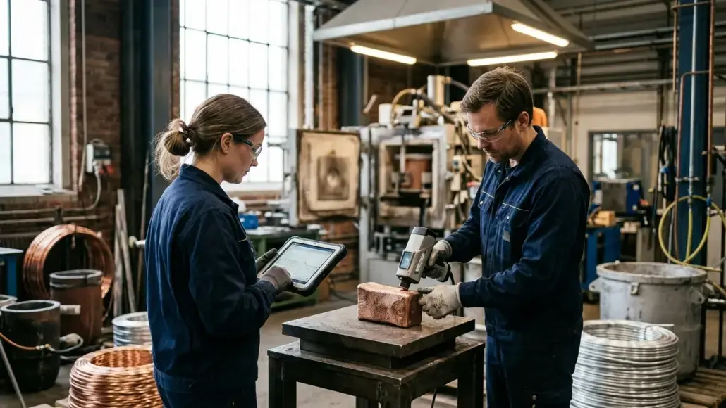 Two workers in blue coveralls in a metal workshop: a man uses a powered tool on a brick-like metal block while a woman watches and holds a tablet, nearby equipment visible in the background.