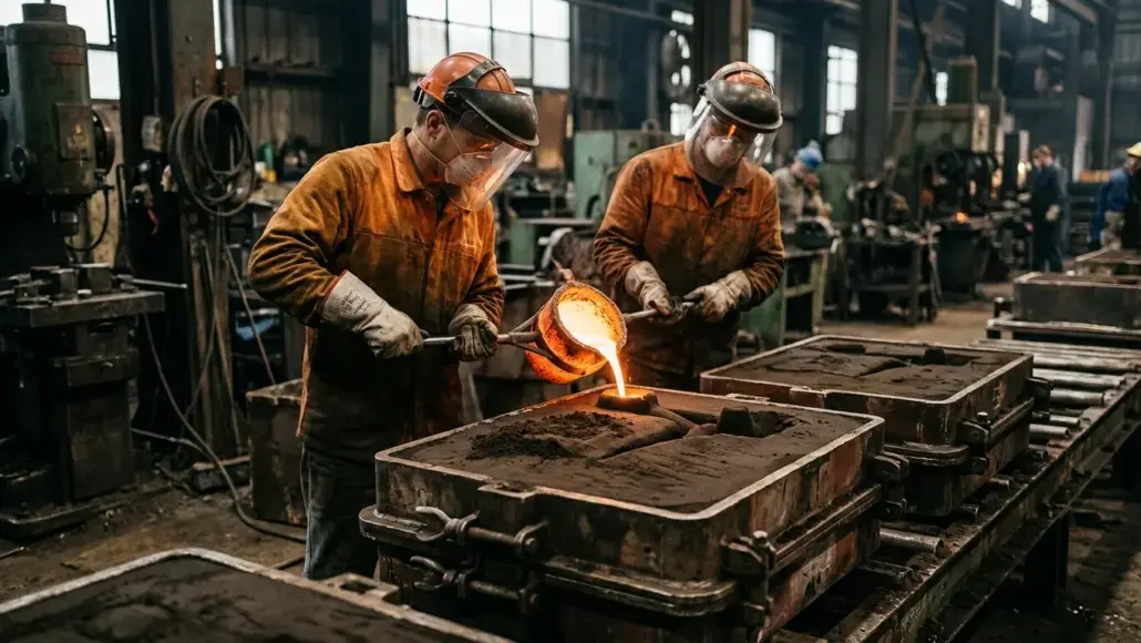 Two workers in orange protective suits and visors pour molten metal into a mold at a busy foundry.