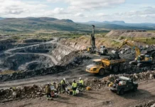 Sweden Simplifies its Permits for New Mining Projects Open-pit mining site with excavators, dump trucks, and workers inspecting plans against a rocky landscape in the hills.