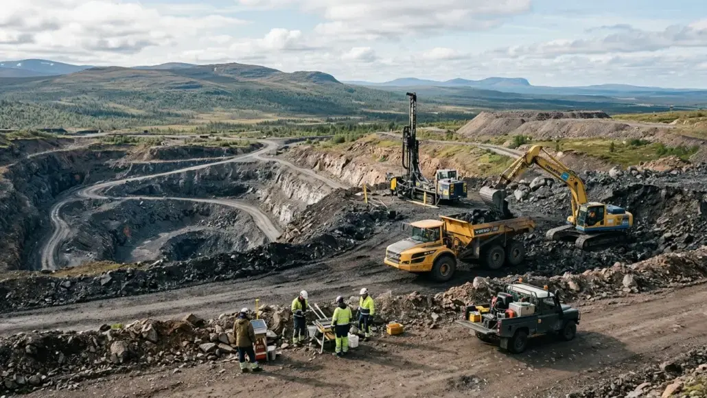 Open-pit mining site with excavators, dump trucks, and workers inspecting plans against a rocky landscape in the hills.