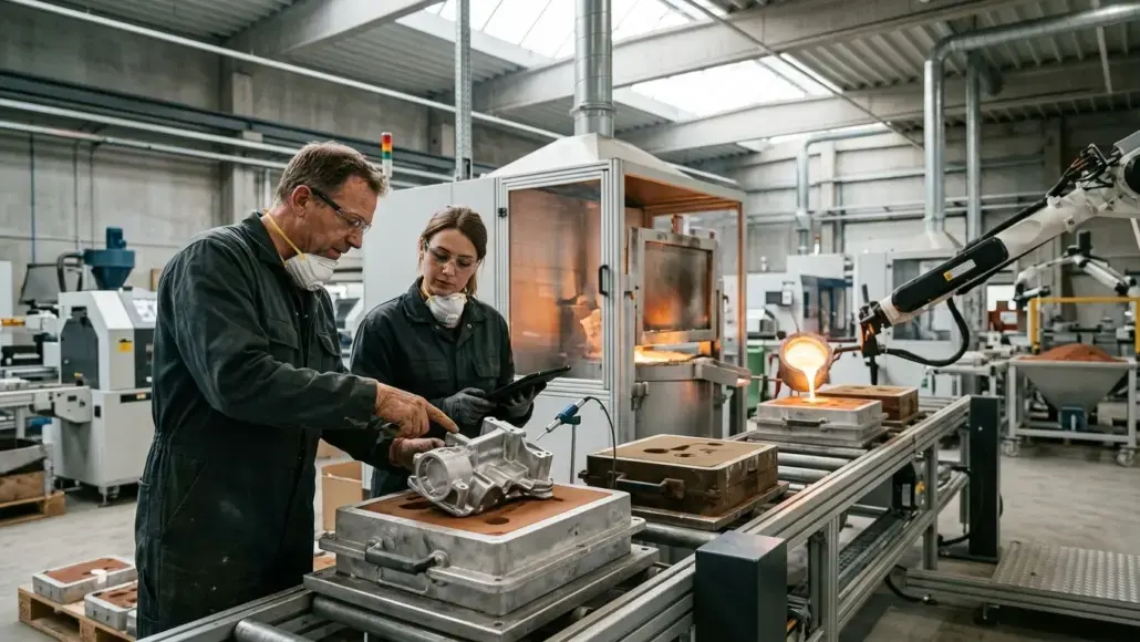 Two factory workers in safety gear inspect a metal component on a conveyor in a high-tech manufacturing line.