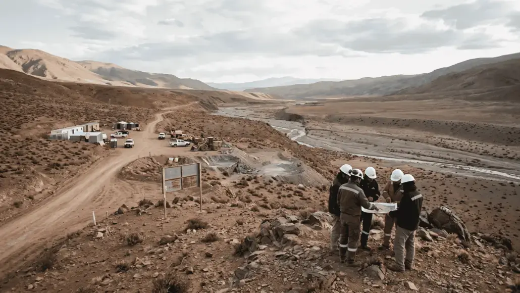 Desert mining site with temporary cabins and trucks; workers in hard hats study plans on a rocky hillside.