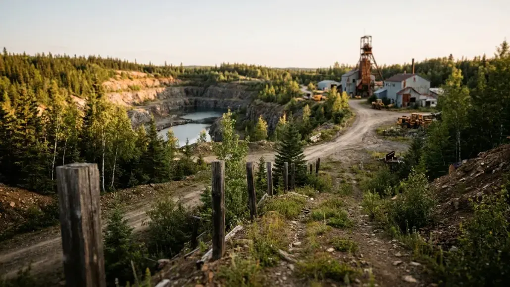 Open-pit quarry in a forest setting, with a dirt road, wooden posts along the edge, and old mining buildings in the distance.