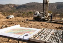 Zimbabwe Mining Reforms Aim to Attract Global Exploration Capital Field drilling site with a drilling rig in an arid landscape; a table holds a color map and trays of rock samples nearby.